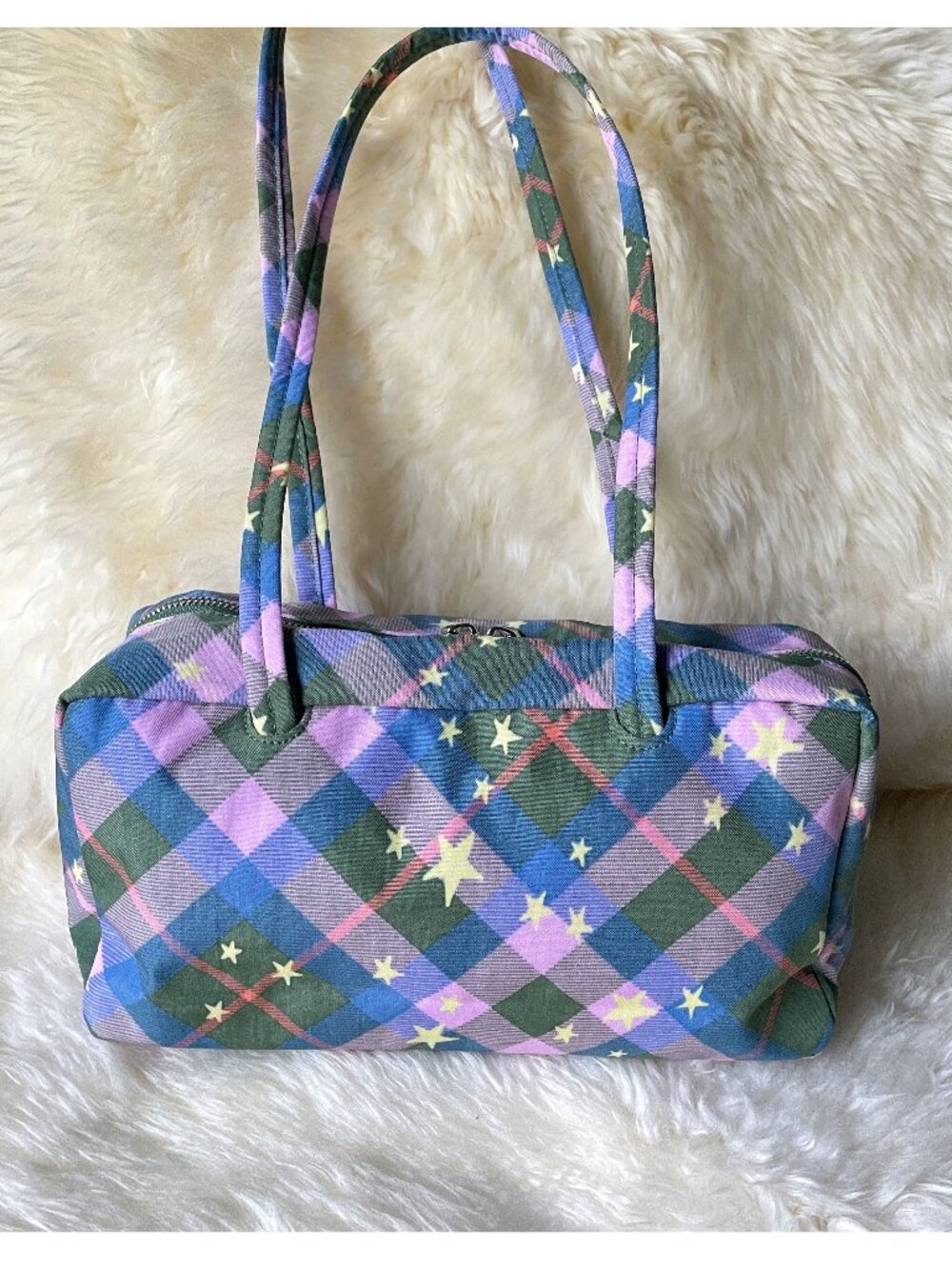NWT Baggu Regular Nylon Bowler Bag - Green Star Plaid - Picture 3 of 11